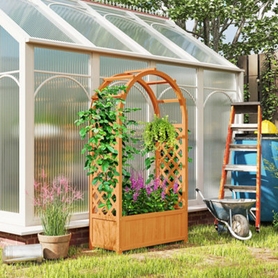 Outsunny Wooden Raised Garden Bed, Trellis Planter W/ Trellis, Fabric Liner