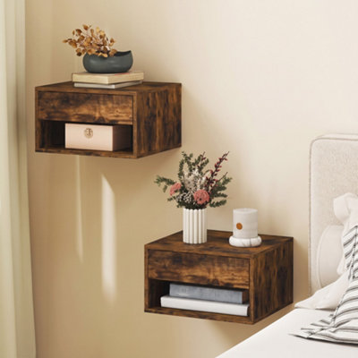 Homcom Unisex Brown Floating Nightstands Set Of, Bedside Table W/ Drawer & Open Shelf In Size 2 - Image 6