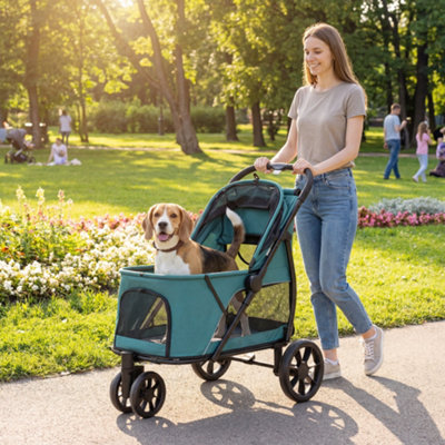 Pawhut Unisex Dark Green Dog Stroller, 3 Wheels Pet Stroller With Easy One-Click Quick Fold In - Image 4
