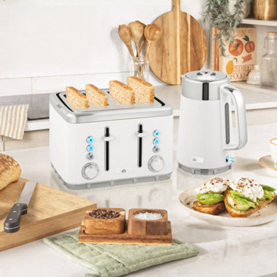Homcom 1.7L 3000W Rapid Boil Kettle And 4 Slice Toaster Set Crumb Tray White