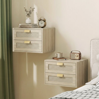 Homcom Modern Floating Nightstands Set Of 2, 2 Drawers Bedside Tables, Oak - Image 6