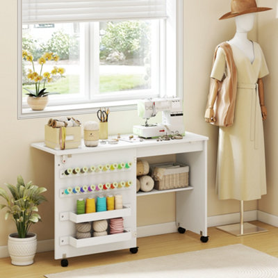 Homcom (White) Folding Sewing Table, Craft Table With Storage Compartments - Image 3