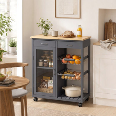 Homcom Bamboo Kitchen Island With Glass Door, 2 Metal Wire Baskets, Grey - Image 3