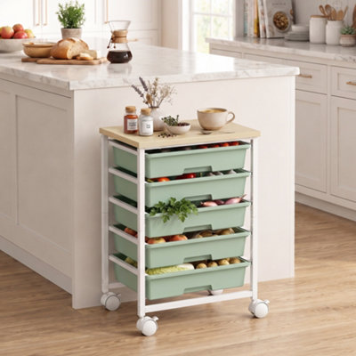 B&Q -  6-Tier Storage Trolley On Wheels With 5 Pull-Out DrawersGreen