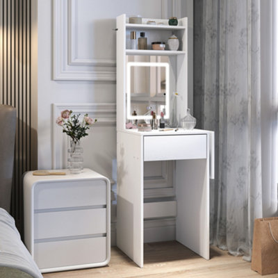 B&Q -  Compact Dressing Table With Lighted Mirror Open Shelves Drawer White