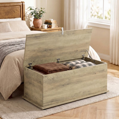 Large 114L Storage Chest Grey Wood Bench Trunk with Safety Lid Grey Wood Effect - Image 3