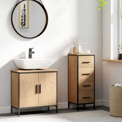 Rackhams Black Under Sink Cabinet With Doors For Basin Without Or With Pedestal Oak - Oak - Particleboard, Steel - Industrial - Image 7
