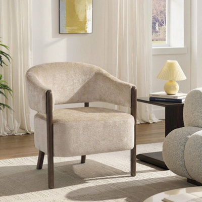 Accent Chair Chenille Upholstered Tub with Wide Seat Solid Wood Frame Beige - Image 7