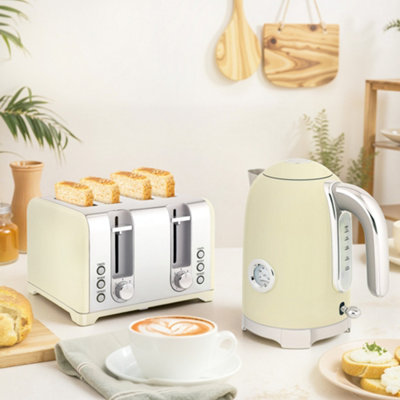 Homcom Cream 3000W Kettle With Retro Thermometer, 4 Slice Toaster Set, 1.7L