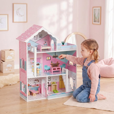 Aiyaplay Pink Wooden Dolls House 3-Storey With 10 Accessories For 3-6 Years, - Image 5