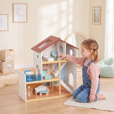 Aiyaplay Kids Wooden Dolls House 3 Story With 5 Rooms, 11 Accessories, White - Image 6