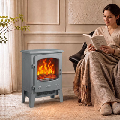 Homcom Electric Fireplace Freestanding W/ Realistic Flame Effect, Grey