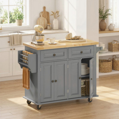 Homcom Rolling Kitchen Island Cart With Rubber Wood Top, Spice Rack, Grey - Image 3