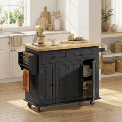 Rackhams Black Rolling Kitchen Island Cart With Rubber Wood Top, Spice Rack, - Image 7