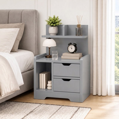 Homcom Grey Modern Bedside Table With 2 Drawers And Open Shelves For Bedroom - Image 7