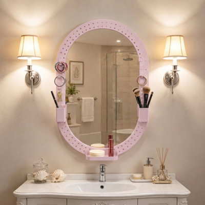 Homcom Unisex Pink Oval Wall Mirror,, Pegboard Frame, Wall-Mounted In | : Size 60 X 90 Cm - Image 5