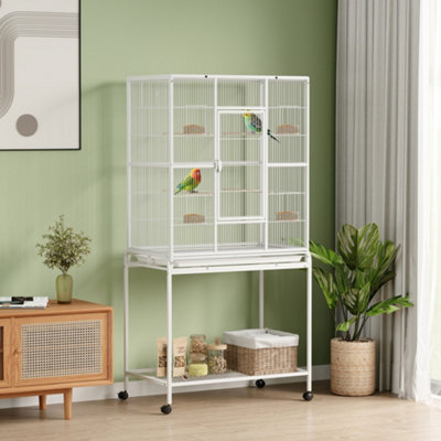 Pawhut Rolling Bird Cage W/ Detachable Stand Storage Shelf Wood Perch, White - White - Image 5