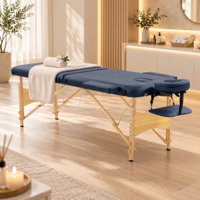 Homcom Wooden Folding Spa Beauty Massage Table W/ 2 Sections, Dark Blue - Image 3