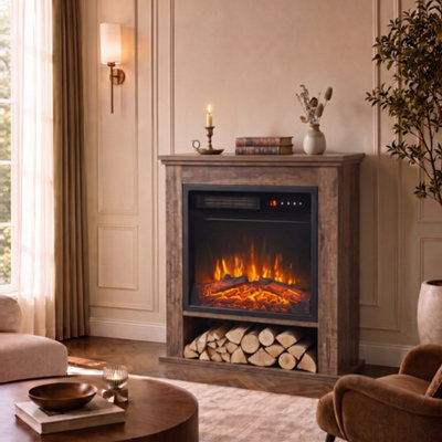 Homcom Freestanding Electric Fireplace Suite, 25" 1800W, Open Shelf, Oak - Image 7