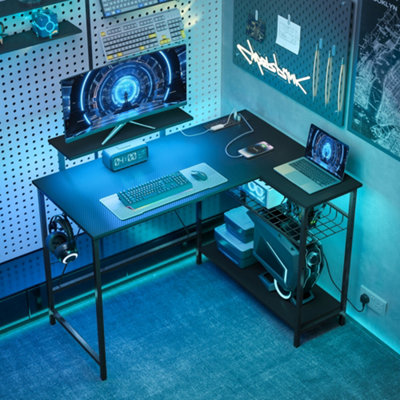 Homcom Black 114.5 Cm L-Shaped Gaming Desk, Computer Desk With Led Lights, Power Station And Adjustable Mesh Shelf - Image 5