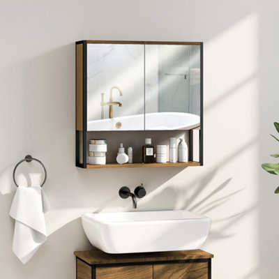 Homcom Unisex Natural Industrial Bathroom Cabinet With 2 Mirrored Doors Open Shelf, | : W600mm X H600mm - Image 7