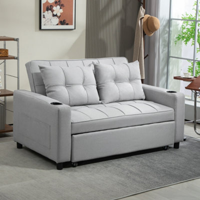 HOMCOM 2 Seater Convertible Pull Out Sofa Bed - Light Grey - Linen - Image 8