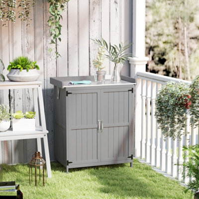 Outsunny Wooden Garden Storage Shed W/hinged Roof And Shelf, Grey