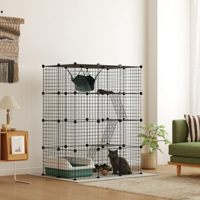 PawHut 4 Tier Cat House - Black - Indoor Cat Cage with Hammock - DIY Design - Image 5