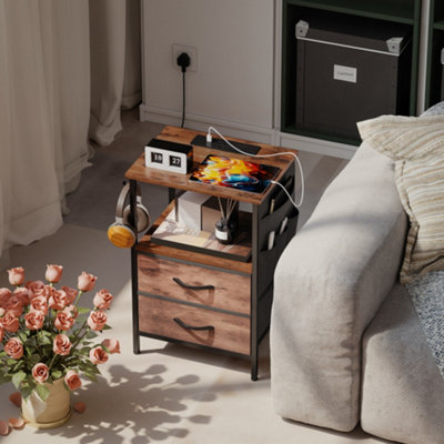 Homcom Slim Side Table With Charging Station, Bedside Table, Rustic Brown - Image 9