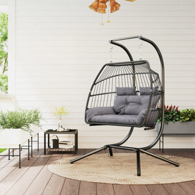 B&Q -  Rattan Double Hanging Egg Chair With StandCushionDark Grey