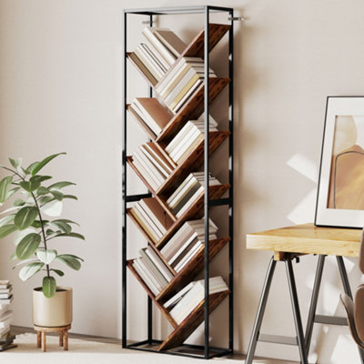 B&Q -  10 Tier Tree Bookshelf Industrial Tall Bookcase Rustic Brown Black