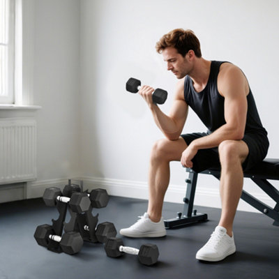B&Q -  36Kg Hex Dumbbell Set With Dumbbell RackRubber Coated Weights