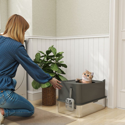 PawHut Large Stainless Steel Enclosed Cat Litter Box - Dark Grey - Image 5