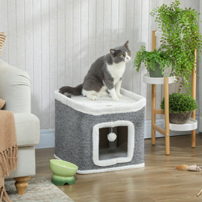 B&Q -  Cat House For Indoor Kittens2-Level Cat Cave BedGrey