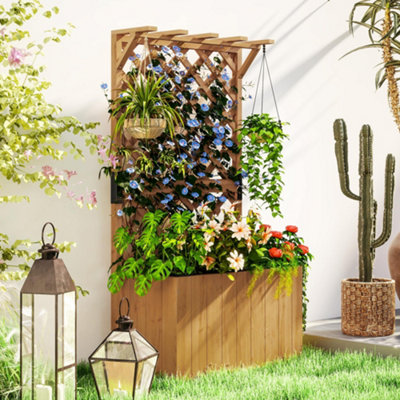 B&Q -  Wooden Planter With Trellis And Drainage HolesNatural