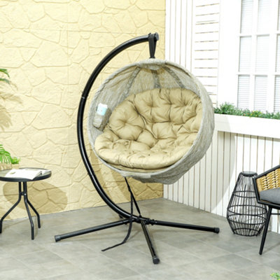 Outsunny Hanging Egg Chair Outdoor Indoor Swing Chair, Folding Basket, Khaki