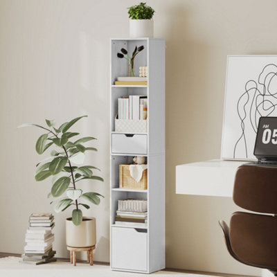 Homcom White Narrow Bookshelf With Drawer, Tall Bookcase For Living Room,