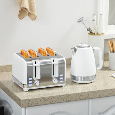 B&Q -  1.7L 3000W Quick Boil Kettle And 4 Slice Toaster Set Crumb Tray White