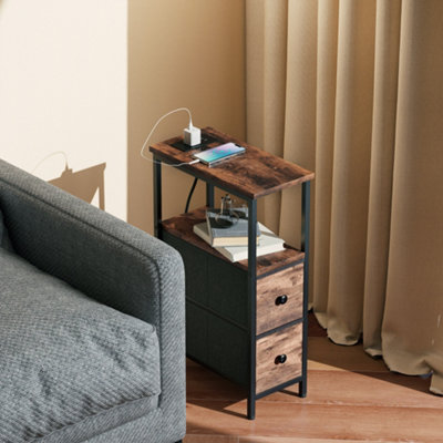 Homcom Side Table, Narrow Bedside Table With Charging Station, 2 Drawers - Image 9