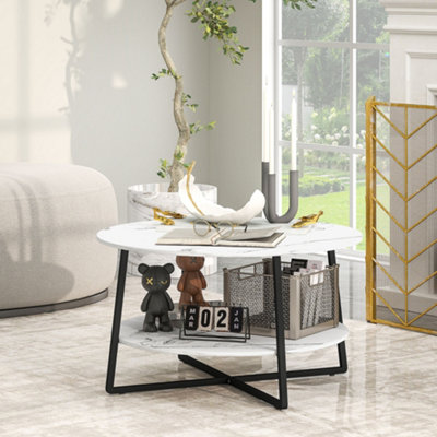 Round Coffee Table with Storage Shelf Marble Effect Top White Living Room - Image 5