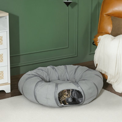 B&Q -  2 In 1 Cat Tunnel With BedCat Play Tunnel For Indoor CatsGrey