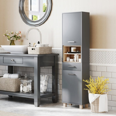 HOMCOM Bathroom Storage Unit - Grey - Tall Cabinet with Shelves and Drawer - 160H x 40W x 24D cm - Image 11