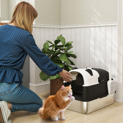 Pawhut Unisex Black Stainless Steel Litter Box Tray With Lid, Panda Style In Extra Large - Image 6