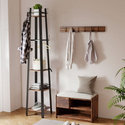 B&Q -  Industrial Coat Stand With 4 Storage Shelves And 8 Hooks Rustic Brown