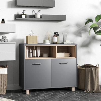 Homcom Bathroom Cabinet With Open Compartments And 2 Doors, Grey