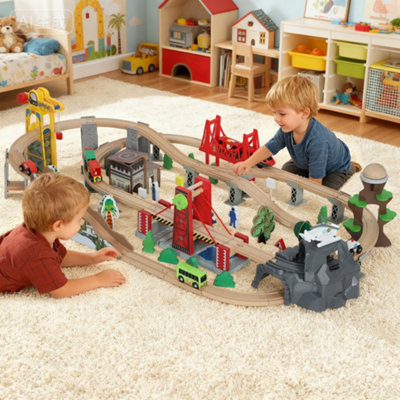 AIYAPLAY Wooden Train Set - 100 Piece Toy Train with Crane - Beech Wood - Image 3