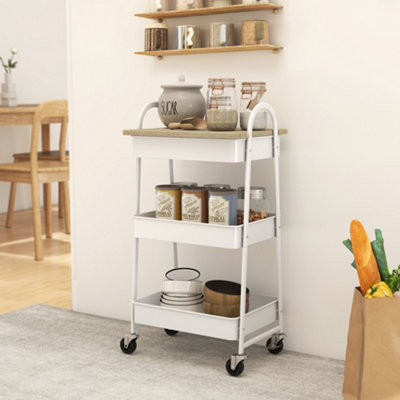 B&Q -  Rolling Utility Cart With Mesh Baskets For Kitchen White Oak