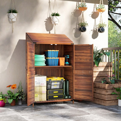 Outsunny Wooden Garden Storage Shed W/double Doors And Shelves, Mixed-Brown