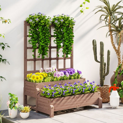 B&Q -  2-Tier Wooden Raised Bed With Trellis And Drainage HolesBrown