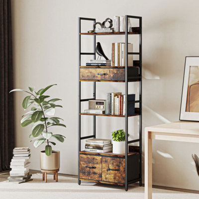 Homcom Industrial Bookshelf With 4 Shelves And 3 Fabric Drawers Rustic Brown from B&Q
